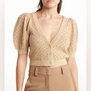 NWT Alice + Olivia Romi Cropped Embellished Pointelle-Knit Cardigan Sand Size XS